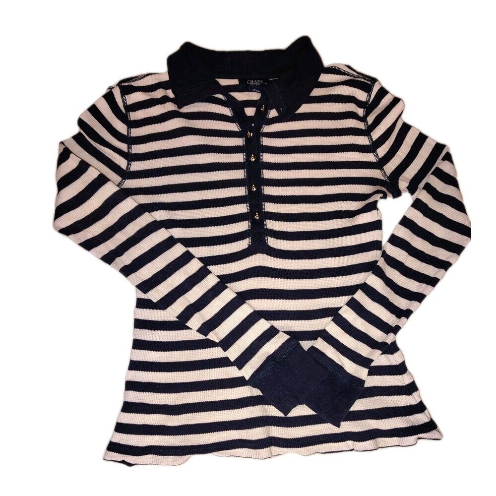 Chaps Est. 1978 Navy Blue & White Striped Waffle Knit Thermal Henley Shirt -...